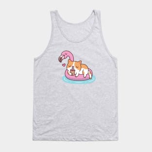 Cute Cat Drinking Bubble Tea And Chilling On Flamingo Pool Float Tank Top